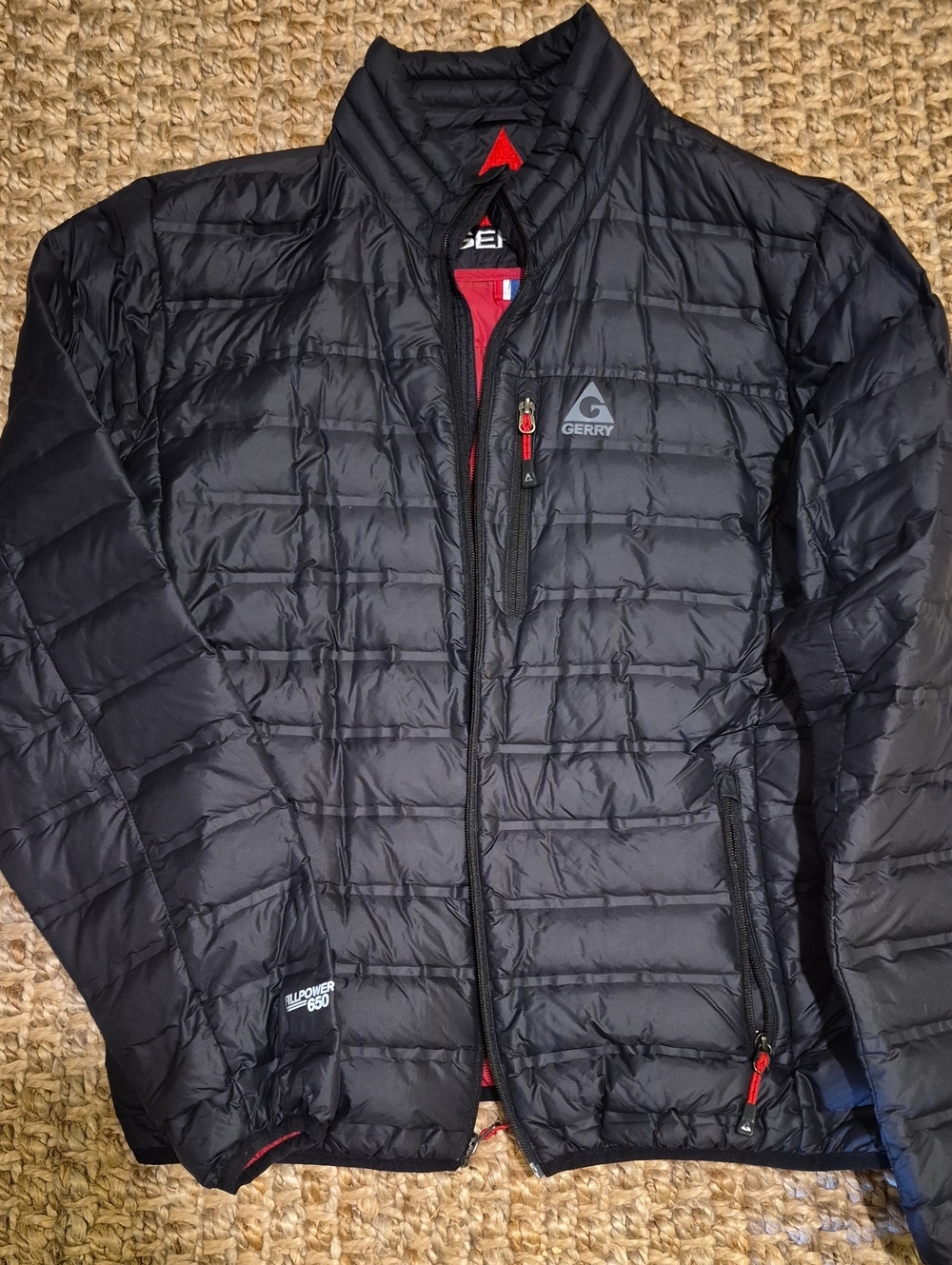 Mens LARGE Gerry Weber Black Quilted Packable Puffer Jacket with Red Trim
